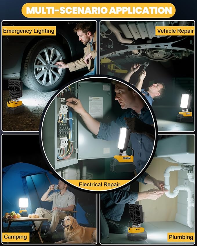LIVOWALNY Cordless LED Work Light Compatible with Dewalt 20v Battery, 70W 7000LM Flashlight Portable LED Flood Battery Light with USB A & USB C Charging Output Port for Emergency Outdoors and Job Site