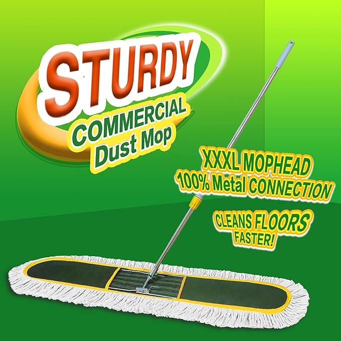 48-Inch Commercial Dust Mop for Hardwood Floors, Large Dry Mop with 2 Pcs Reusable Cotton Yarn Head, Telescopic Stainless Steel Handle - Ideal for Industrial Floor Cleaning, Marble,
