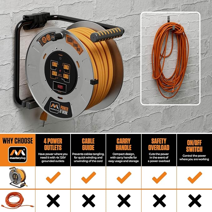 Masterplug 100ft Cord Reel, Metal Cable Drum, Retractable Extension Lead with Winding Handle, Safety Overload Circuit Breaker and Power Switch, 4x Grounded Outlets, 15amps, 12AWG Cable