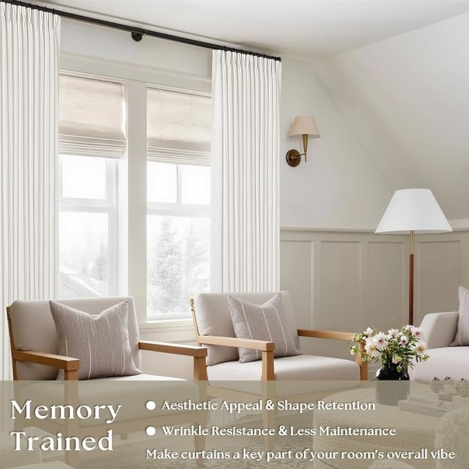 Off White Linen Curtains 102 Inches Long 2 Panels for Living Room Modern Thick Linen Flax Pinch Pleated Memory Trained Light Filtering Ceiling Semi Sheer Curtain with Hook Rings Ivory Beige White