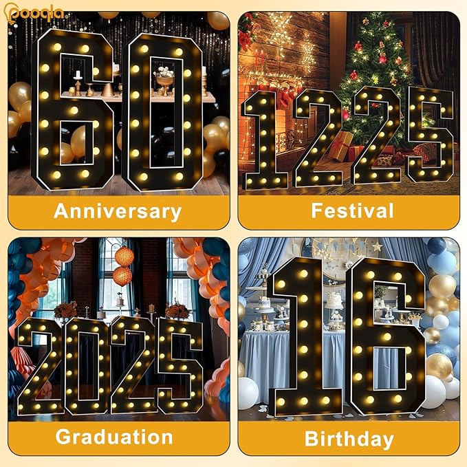 Pooqla 4 FT Light Up Marquee Numbers, Black Marquee Number Lights 4 Feet Tall for 5th 15th 50th Birthday, Giant Letter Big Mosaic Numbers for Balloons Party Anniversary Wedding Decorations, Number 5