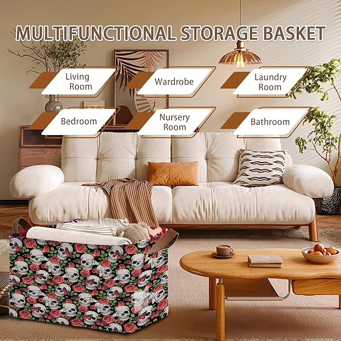 Skull Flower Pattern Collapsible Storage Bin-17x11.5x10.5 Inch Foldable Organizer for Halloween Decor, Gothic Room, Under Bed Storage-Single Pack
