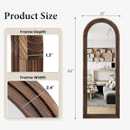 Arched Full Length Floor Mirror 63"x21", Triple-Layer Solid Wood Frame, Rustic Farmhouse Full Body Mirror with Stand for Bedroom, Entryway & Living Room, Walnut Finish