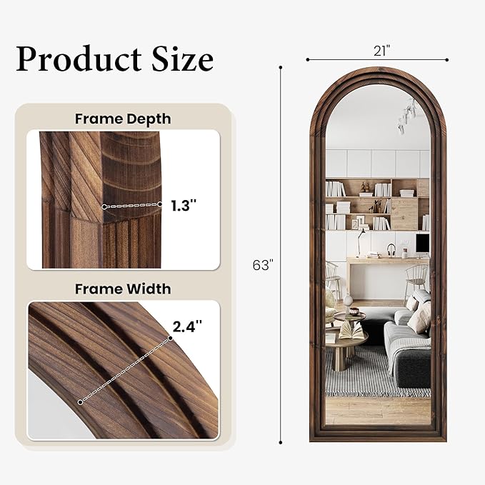 Arched Full Length Floor Mirror 63"x21", Triple-Layer Solid Wood Frame, Rustic Farmhouse Full Body Mirror with Stand for Bedroom, Entryway & Living Room, Walnut Finish