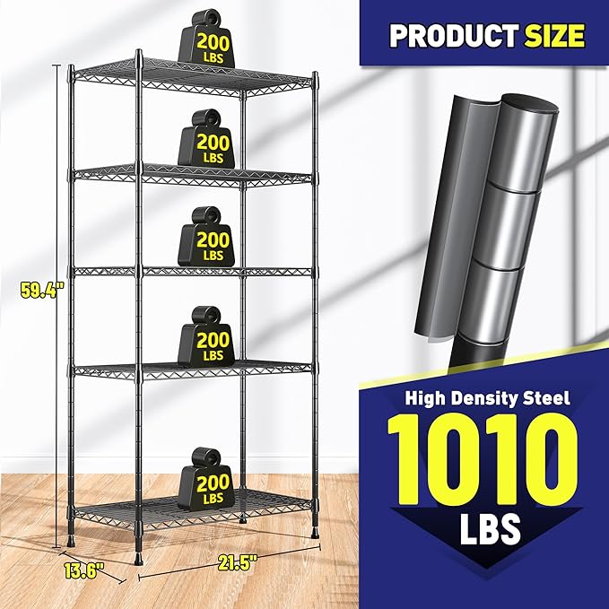5-Tier Shelf, Shelves Capacity 1010LBS,Storage Shelves Adjustable Wire Shelving,Metal Shelving Unit Storage Rack for Kitchen Pantry Closet Laundry School Commercial 59.4" Hx21.5 W x13.6 D
