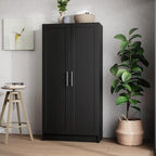 Prepac Elite Accent Cabinet with Panel Doors, Black Storage Cabinet, Bathroom Storage, Pantry with 3 Shelves 16.75" D x 32" W x 65" H