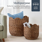 Best Choice Products 3pc Water Hyacinth Scalloped Multipurpose Nesting Baskets, Storage Bin Organization Totes for Living Room, Bedroom, Nursery, Laundry Room -Chestnut