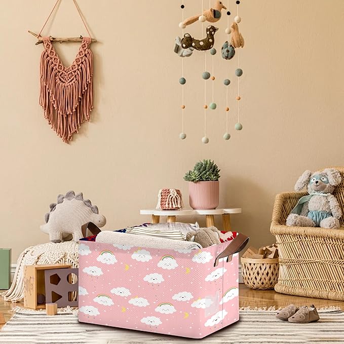 Pink Cloud Storage Basket Large 17x11.5x10.5 Inches - Collapsible Fabric Organizer Bin with Handles for Nursery, Girls Room, Toys - Foldable Decorative Hamper with Soft Fluffy Design - Single Pack