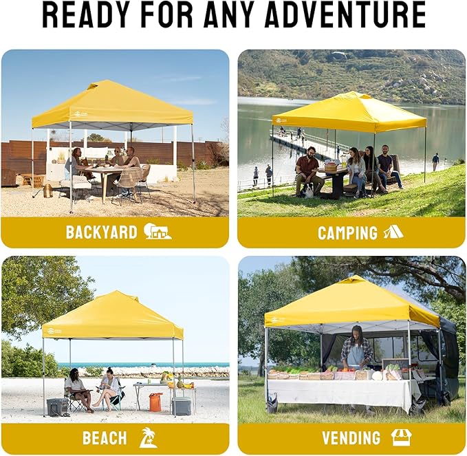 CROWN SHADES 8x8 Pop Up Canopy - Beach Tent with One Push Setup - Easy Outdoor Sun Shade for Events, Parties, Camping - Gazebo with STO-N-Go Cover Bag, Silver Coated Top, Yellow