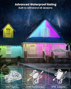 Gefolly Permanent Outdoor Lights Pro, 150ft with 90 RGBW Double-LED Lights 111 Scene Modes for Daily, Halloween, Christmas, IP67 Waterproof for Outdoor Decor, Works with Alexa, Google Assistant, White