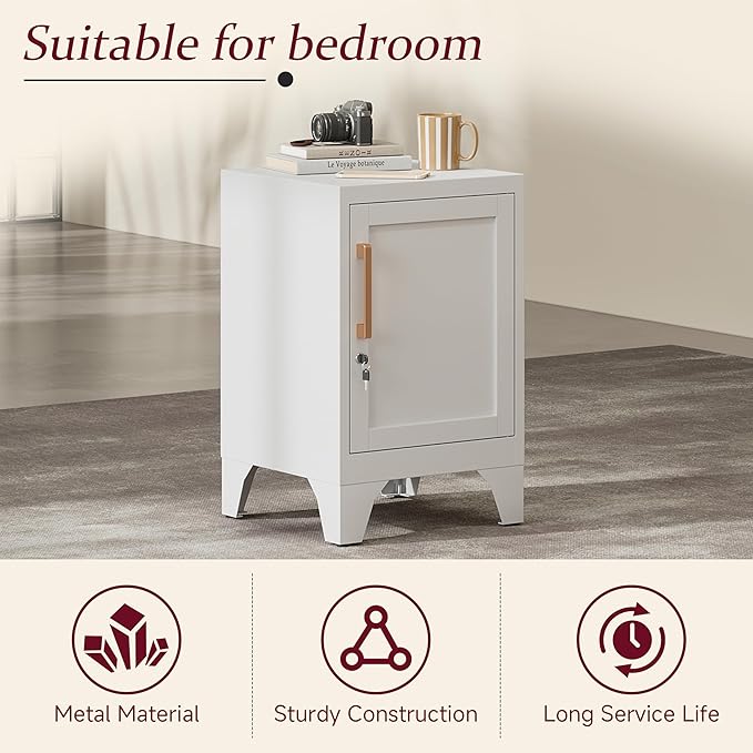 Bestoo Metal Locking Cabinet, 23.6" H Locker with 1 Magnetic Door and 1 Adjustable Shelve, Small Lockable Nightstand, White Bedside Storage Cabinets for Bedroom, Home, Office, School