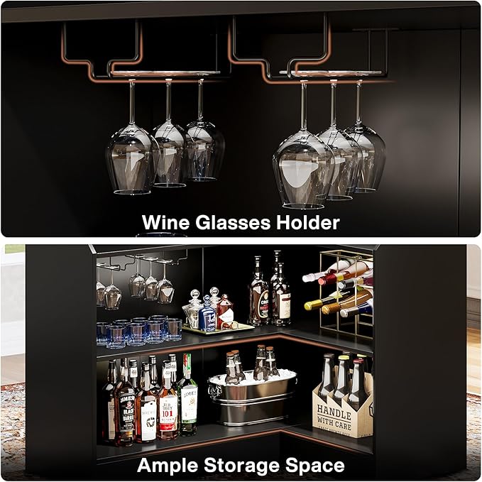 Tribesigns L-Shaped Bar Cabinet, 4-Tier Corner Bar Unit with Stemware Racks, Black