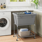 ELYKEN Laundry Cart with Wheels, Rolling Laundry Hamper with Removable Bag and Shelf, Metal Frame Laundry Basket with 4 Casters and 2 Brakes, Ideal for Bedroom, Bathroom, Laundry Room, Gray