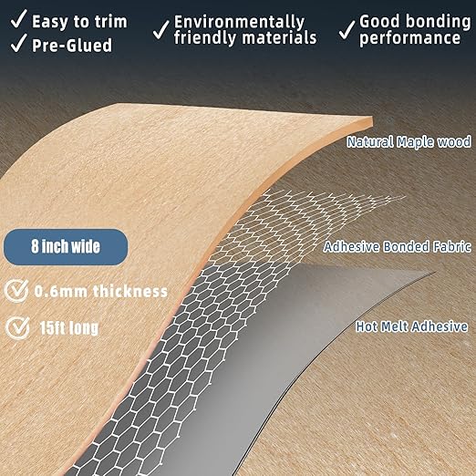 Maple Wood Veneer, 8 inch x 15ft Wood Edge Banding Pre-glued Flexible, Veneer Tape Banding for Cabinet Repair Furniture Restoration