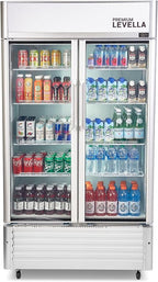 PremiumLevella PRN165DX Glass Door Display Refrigerator 16 cu ft Commercial Beverage Cooler Merchandiser With Customizable Lightbox - Silver
