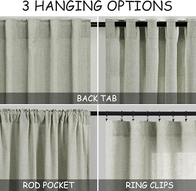 Sage Green Boho Curtains for Bedroom Back Tab Rod Pocket Semi Sheer Linen Curtains 90 Inches Long 2 Panel Set Light Filtering Neutral Green Farmhouse Curtain for Living Room 40x90