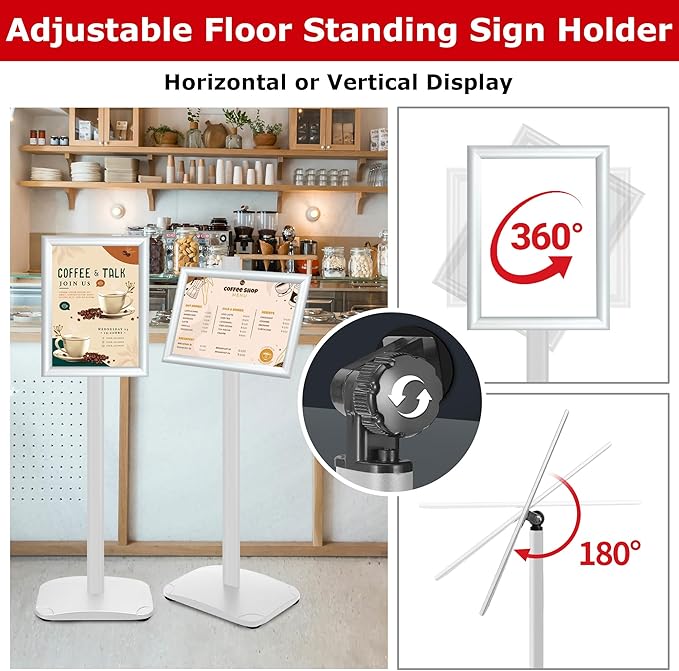 3 Pack Heavy Duty Standing Sign Holder 8.5x11 Inch - Pedestal Floor Sign Stand with Weighted Base - Vertical & Horizontal Poster/Menu Display Stands for Indoor/Outdoor Advertising, Silver