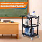 ELAFROS Heavy Duty 3-Tier AV Cart with Power Strip, 27.5 x 18.25 Inch, Industrial Plastic, 330 lbs Capacity, Flat Top Shelves with Swivel Wheels – Multipurpose Rolling cart