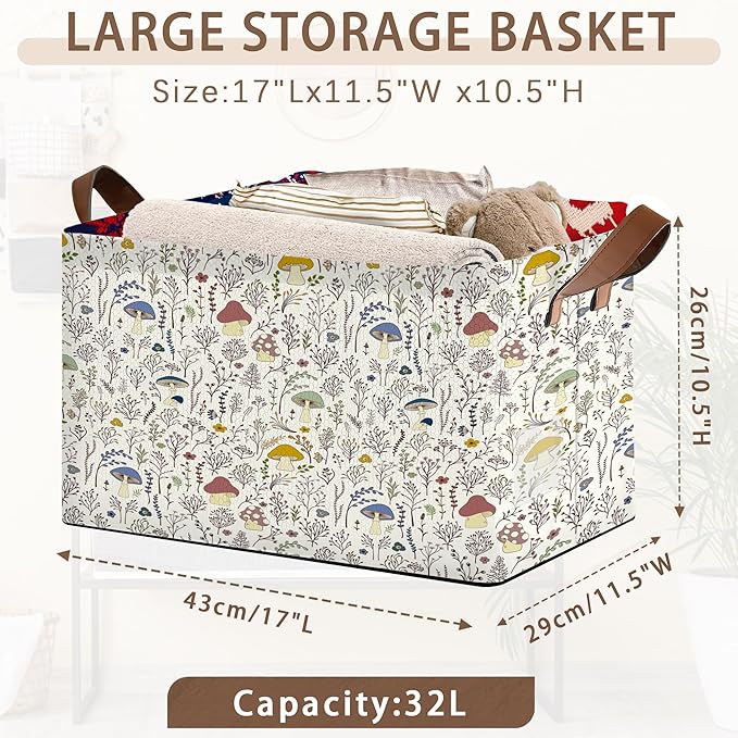 Retro Mushroom Storage Basket Large 17x11.5x10.5 Inche-Collapsible Fabric Organizer Bin with Handles for Cottagecore Decor, Nursery, Forest Theme-Decorative Hamper with Whimsical Fungi-Single Pack