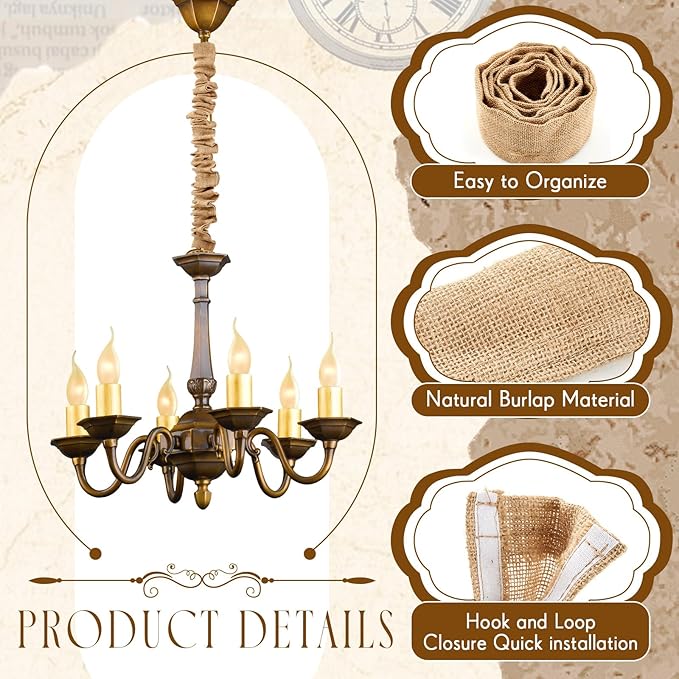 2 Pack 6 ft Fabric Cord Cover Chandelier Chain Sleeve Natural Jute with Hook and Loop Closure for Ceiling Lighting, Electrical Wires on Floor, Lamps Cable Management, Swings Chain Cover Decorative