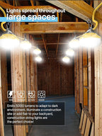 HYPERLITE Construction String Lights: 50FT 5 Bulbs Work Lights with Climbing Hooks - IP65 Waterproof Linkable LED Industrial Temporary Lighting for Construction Sites Attic Crawlspace Renovation