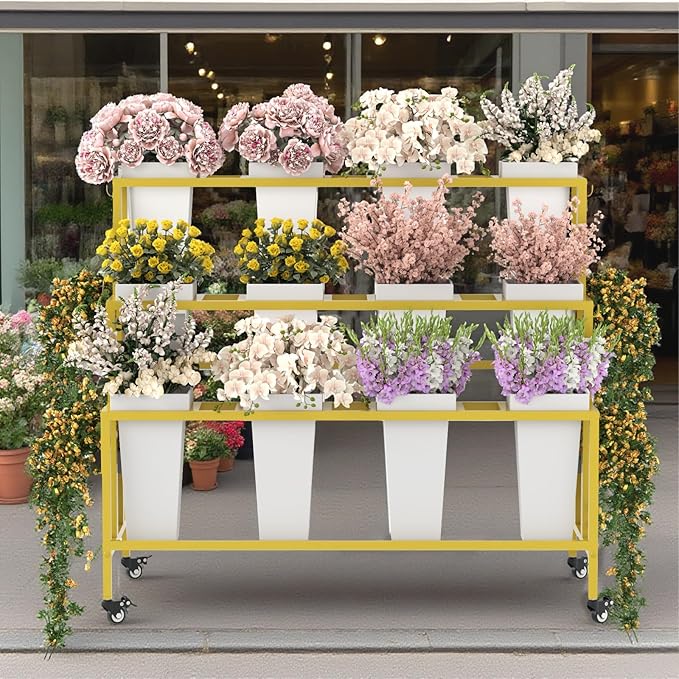 Flower Cart Display Stand with Buckets & Wheels – 3-Tier Mobile Flower Bar Cart for Shops, Weddings, Garden, and Home – Includes 12 Buckets & 4 Hooks (Gold)
