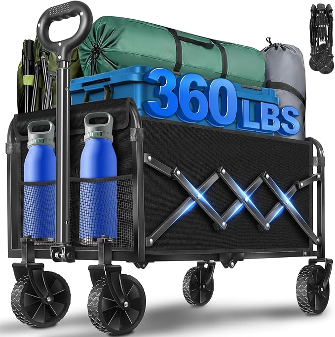 Collapsible Wagons Carts Foldable, 360lbs Portable Folding Wagon Cart with Wheels, Foldable Wagon Cart Utility for Camping, Beach, Grocery, Shopping, Sports, Garden(Deep Black)