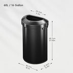 EKO Urban 16 Gallon Semi-Round Open Top Waste Bin, Stainless Steel Half Round Commercial Trash Can for Indoor and Outdoor, Extra Large Garbage Bin for Home, Office, Restaurant, 60L, Matte Black