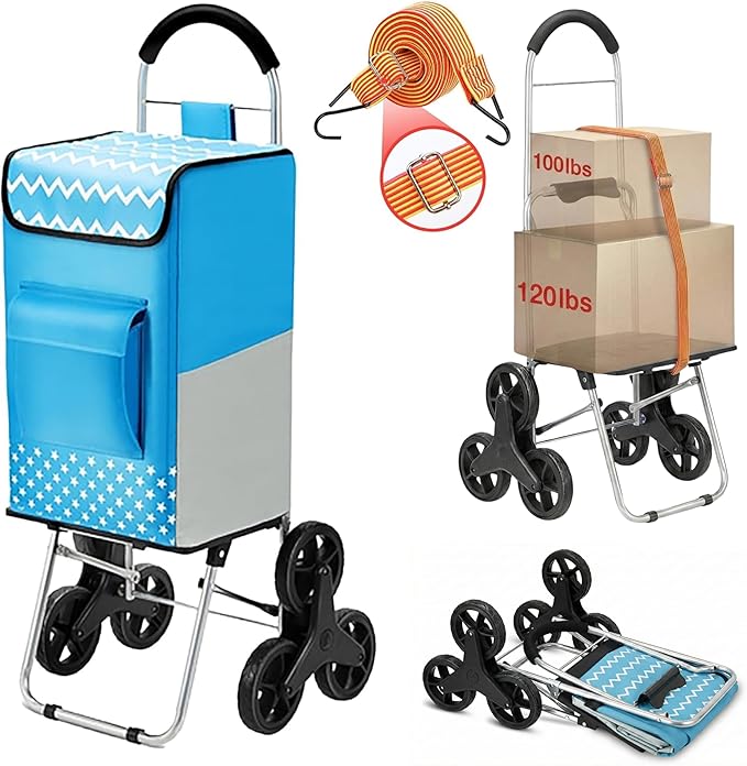 winkeep Shopping Cart, 220 lbs Capacity, Foldable Grocery Trolley with Large Bag, Laundry Utility, Adjustable Bungee Cord (Sky Blue)