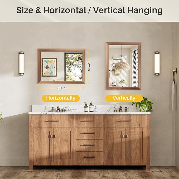 22x30 Inch Bathroom Mirror for Wall, Anti-Rust Walnut Wood Grain Metal Framed Bathroom Mirrors for Over Sink,Rectangler Mirrors for Bathroom Vanity, Farmhouse, Bedroom, Living Room, Entryway Decor