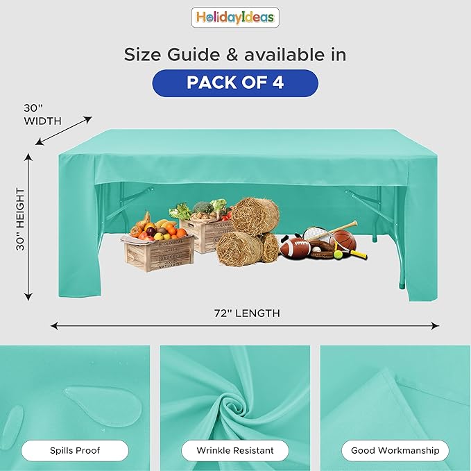 HolidayIdeas Open Back Fitted Tableclothss for 6 Foot Rectangle Table, Wrinkle Resistant Washable Table Covers 72x30 Inch for Craft Fairs, Banquets, Baby Shower, Aqua,4 Pcs