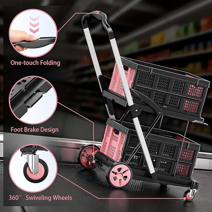 Collapsible Shopping Cart with Wheels, 8-in-1 200LBS Capacity Grocery Cart on Wheels with 2 Storage Crate, Folding Utility Cart for Shopping, Travel, Supermarket, Office, Pink