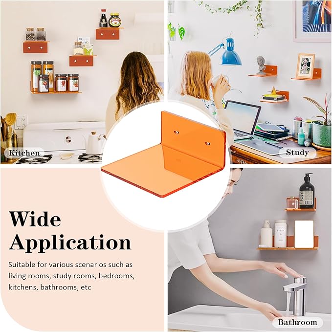 6 Inches Small Orange Wall Shelves Set of 2, Wall Mounted Display Shelf Rack for Bedroom, Living Room, Smart Speaker, Clock, Decoration, 2 Pack