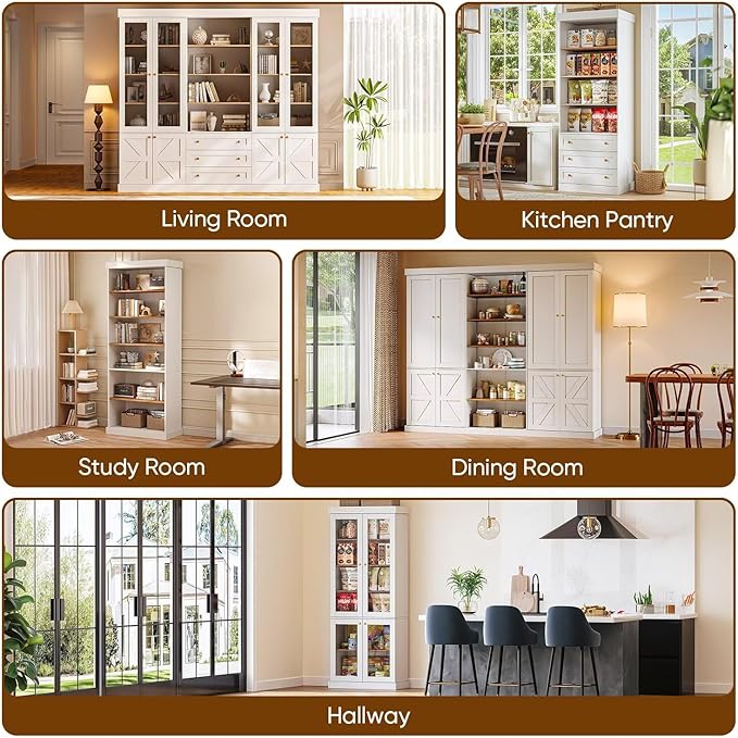 Vyre 70.8" Tall Farmhouse Bookshelf with Glass Doors, Modular Bookcase with 6-Tier Adjustable Shelves, Large Storage Cabinet for Kitchen, Living Room, White, Set of 4
