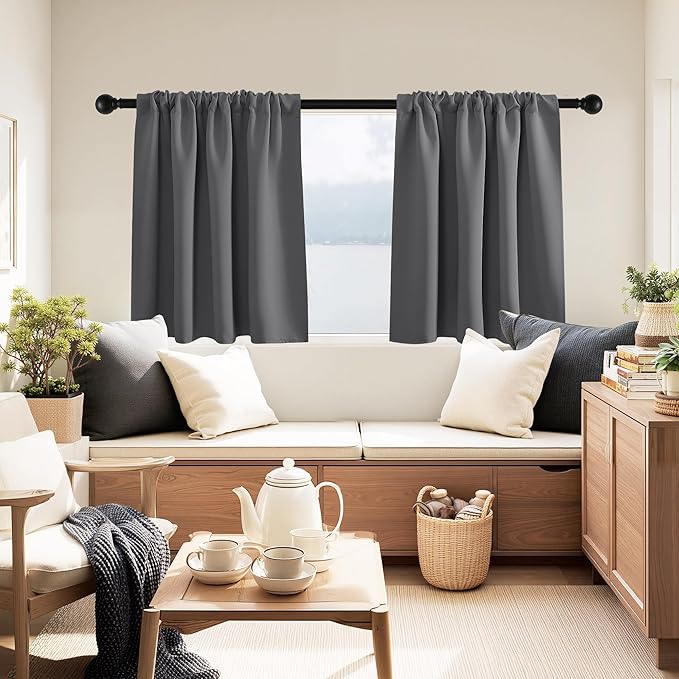 PONY DANCE Grey Short Window Curtains for Kitchen 24 inch Long, 2 Panels Set Half Window Drapes for Bedroom Basement, Blackout Small Curtains for Travel Trailers, Width 29 x Length 24 inches
