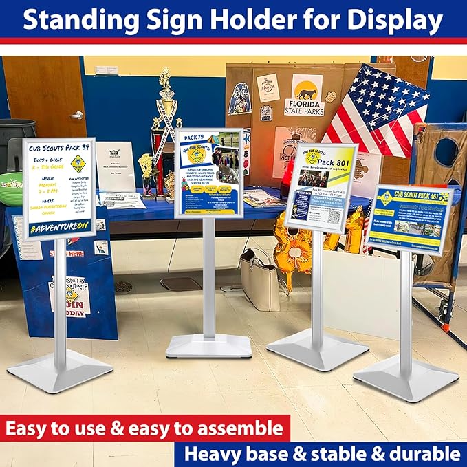 Pedestal Sign holder Stand 8.5x11inch Adjustable Standing Floor Sign Stand with Heavy Base & Snap Frame Display Stand for Indoor Outdoor Business Store Sign Holder Poster Stand (Silver)