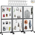 3 Pack Grid Wall Panel Rack, 3x6 Ft Metal Gridwall Display Stand with T-Base Wheels, Heavy-Duty Mobile Freestanding Racks with 20 Grid Hooks, for Retail Store, Craft Show, Boutique, Black