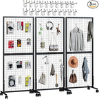 3 Pack Grid Wall Panel Rack, 3x6 Ft Metal Gridwall Display Stand with T-Base Wheels, Heavy-Duty Mobile Freestanding Racks with 20 Grid Hooks, for Retail Store, Craft Show, Boutique, Black
