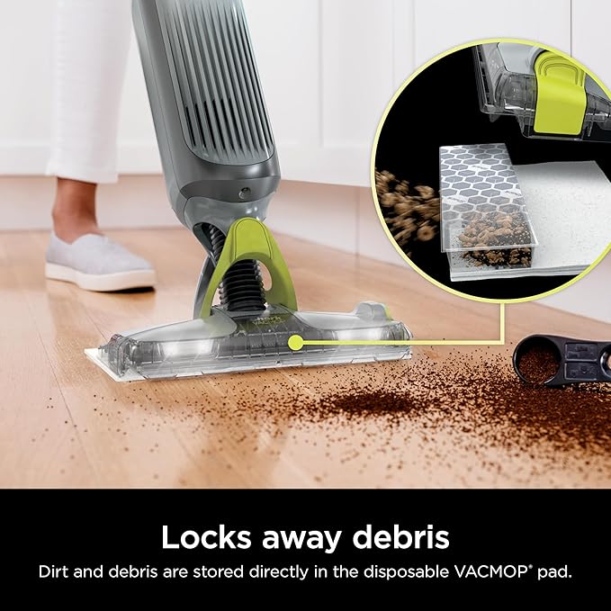 Shark VACMOP Cordless Hard Floor Cleaner, Vacuum and Spray Mop, Powerful Suction, Lightweight, LED Headlights, Includes 4 Disposable Pads, 12oz Multi-surface Cleaning Solution, Gray, VM252