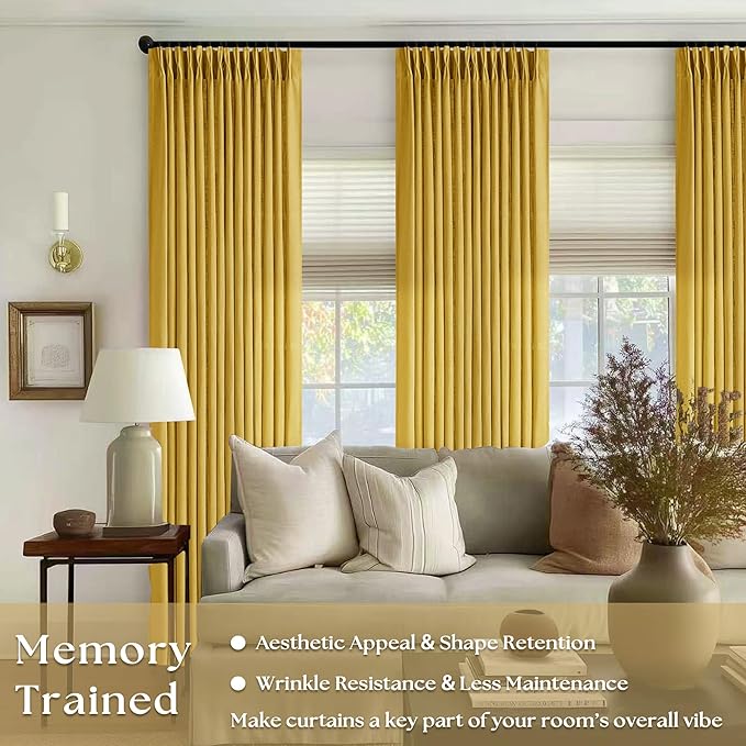 Pleated Linen Curtains 96 Inches Long for Living Room 2 Panel Set Semi Sheer Light Filtering Pinch Pleat with Rings Hooks Drapes Spring Farmhouse Rustic Mustard Yellow Gold Curtain Bedroom Window