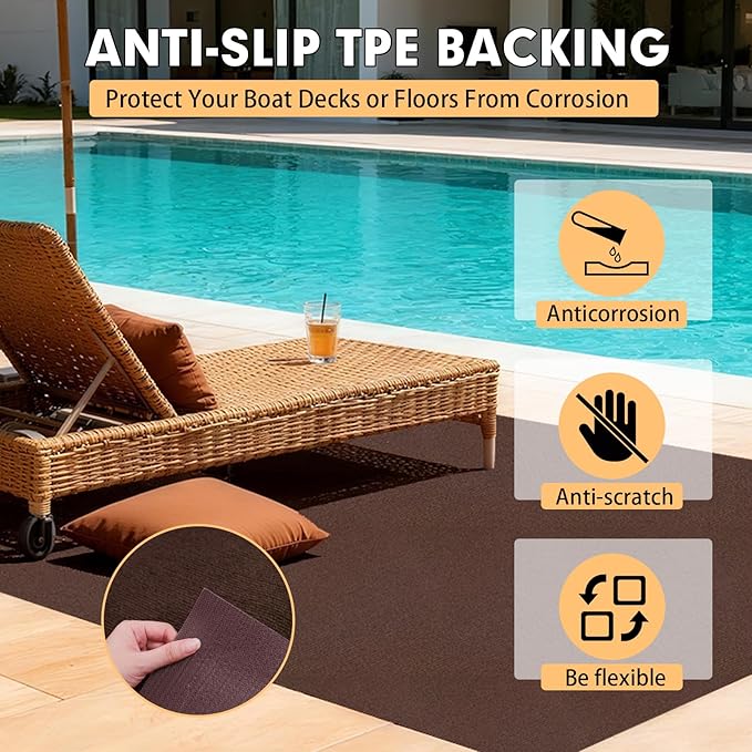 Marine 6 FT x 18 FT Brown Indoor/Outdoor Rug 0.2" Thick - Boat Carpet with Water-Proof TPE Backing, Non-Slide for Home, Patio, Porch, Deck