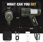 FORTO Rechargeable Spotlight, IPX8 Waterproof 40 ft Depth, 420m Beam Distance, 3000 Lumens and 45000 Candela Spot Light, Foldable Hook, for Hiking, Emergency, Camping, Hunting (Green-Base)