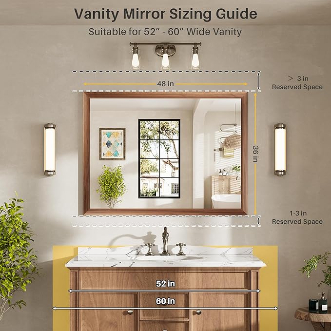 48x36 Inch Bathroom Mirror for Wall, Anti-Rust Walnut Wood Grain Metal Framed Bathroom Mirrors for Over Sink,Rectangler Mirrors for Bathroom Vanity, Farmhouse, Bedroom, Living Room, Entryway Decor