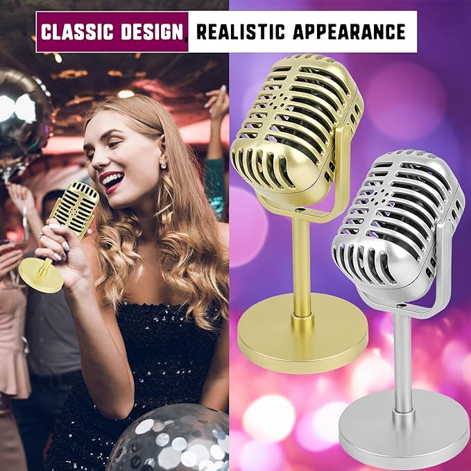 10 Pack Retro Microphone Props Fake Microphone Model with Stand Classic Vintage Plastic Antique Mic Table Decor for Halloween Party Decoration Rock Hip Hop Music Prop Pretend Play (Golden and Silver)