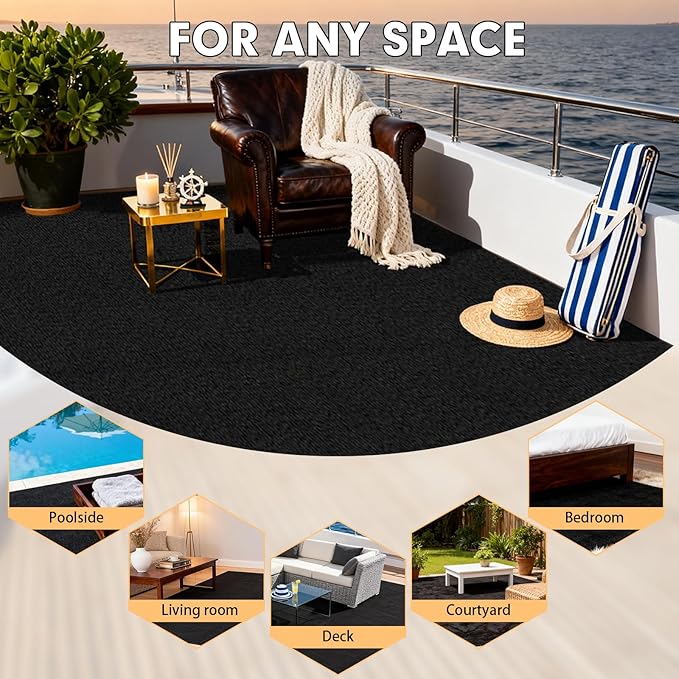 Marine Carpet,6 FT x 14 FT Black Indoor Outdoor Carpet 0.2" Thick with Water-Proof TPE Backing, Non-Slide for Home, Patio, Porch, Deck