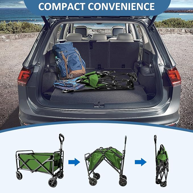 Collapsible Utility Cart Folding Wagon, 220 lbs Capacity Lightweight Rolling Cart with Quiet Wheels, Quick-Fold Design for Camping, Shopping, Ourdoor Use, Green