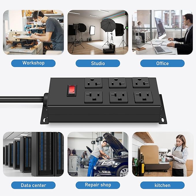 JUNNUJ Heavy Duty 20 Amp Power Strip, Garage 6 Outlets Metal 12 Gauge Surge Protector 3000J, High Amp 5-15P Adapter Shop 6-20R T-Slot Industrial (6AC, 4FT)