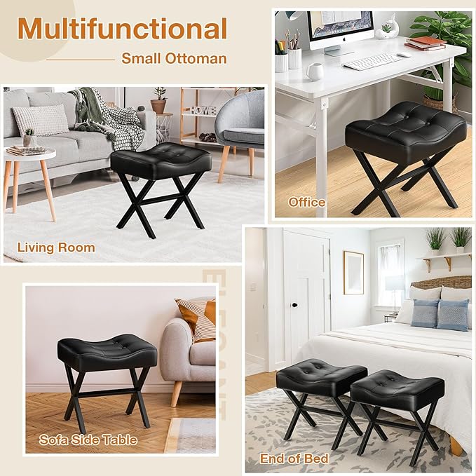 18-Inch Large Leather Vanity Stool, Vanity Chair with Metal X-Leg, Ottoman Accent Stool with Thick Padded Saddle Seat, Black