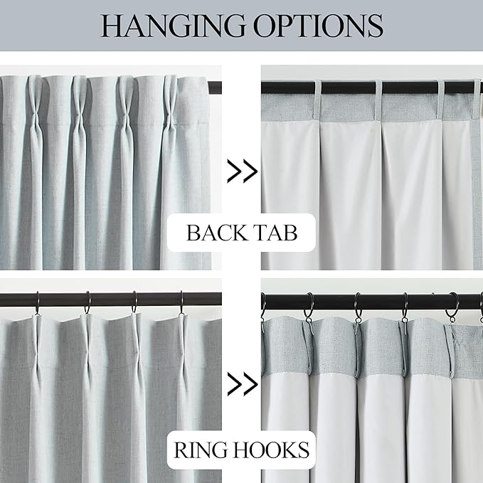 Vision Home Blue Fog Pinch Pleated Full Blackout Curtains Linen Blended Room Darkening Window Curtains 120 inch for Living Room Bedroom Thermal Insulated Pinch Pleat Drapes with Hooks 60" Wx120 Lx1