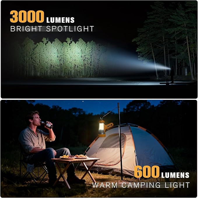 FORTO 3000 Lumens Handheld Spotlight, 1400 Ft Long Range LED Spot Light with 120H Runtime, IPX8 Waterproof Rechargeable Outdoor Flashlight for Camping, Hiking, Emergency, Searchlight (Yellow-Plus)